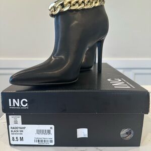 INC International Concepts Women's Black Ankle Boots with Gold Chain
